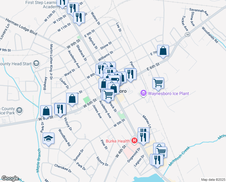 map of restaurants, bars, coffee shops, grocery stores, and more near in Waynesboro