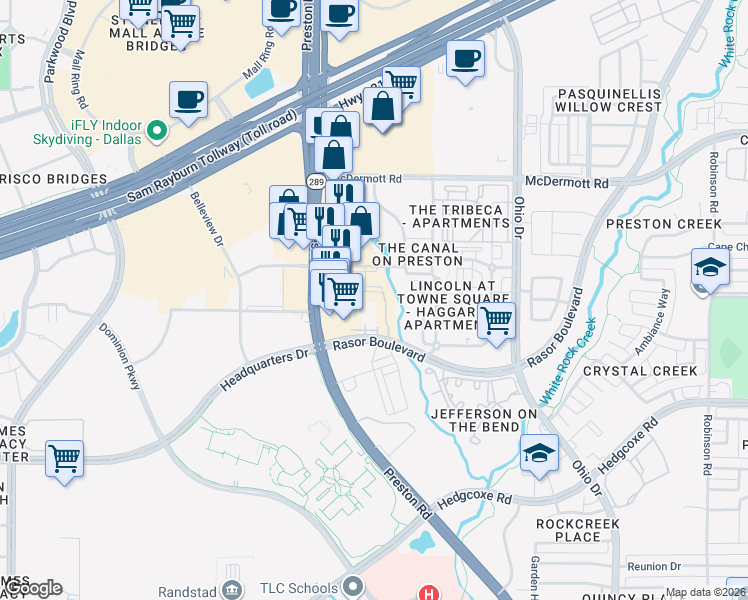 map of restaurants, bars, coffee shops, grocery stores, and more near 4925 Rasor Boulevard in Plano