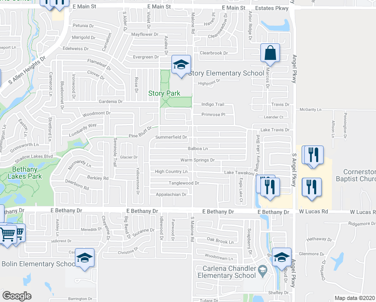 map of restaurants, bars, coffee shops, grocery stores, and more near 1530 Balboa Lane in Allen