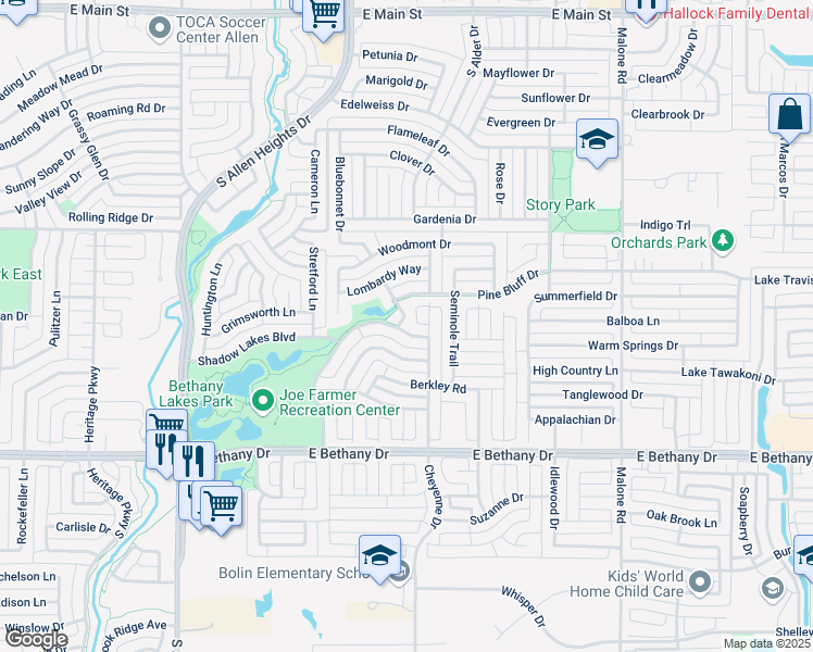 map of restaurants, bars, coffee shops, grocery stores, and more near 1415 Bethany Creek Boulevard in Allen
