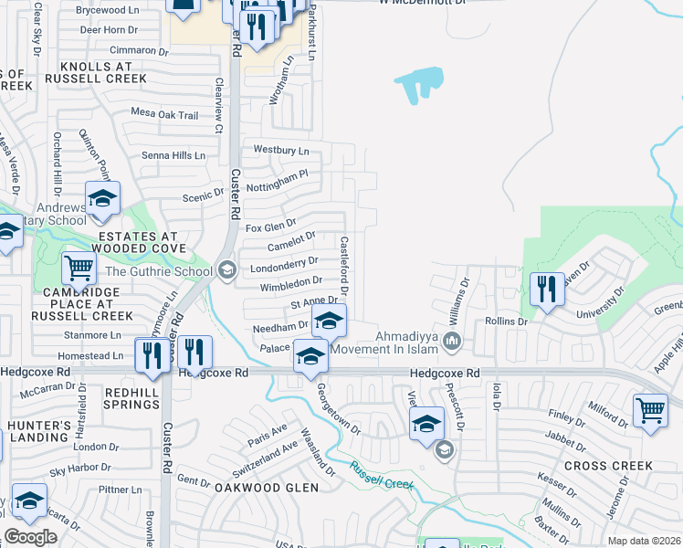 map of restaurants, bars, coffee shops, grocery stores, and more near 2006 Wimbledon Drive in Allen