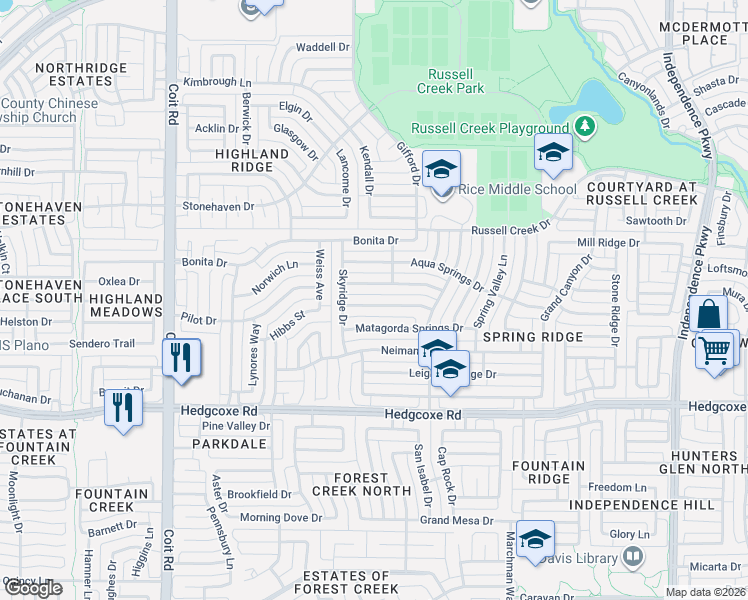 map of restaurants, bars, coffee shops, grocery stores, and more near 3621 Thorp Springs Drive in Plano