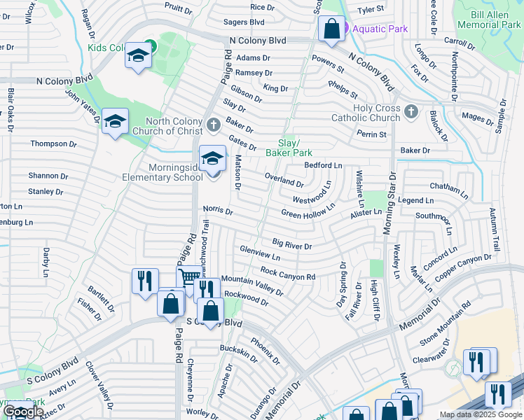 map of restaurants, bars, coffee shops, grocery stores, and more near 5537 Green Hollow Ln in The Colony