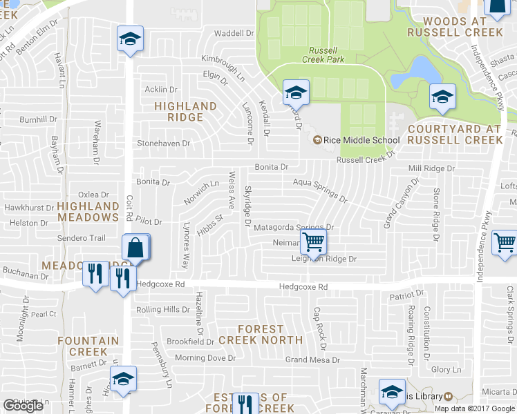 map of restaurants, bars, coffee shops, grocery stores, and more near 3621 Thorp Springs Drive in Plano