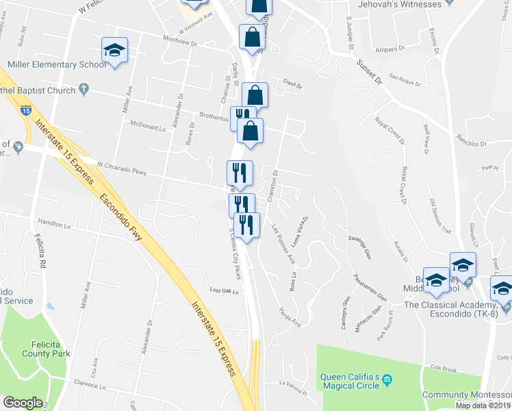 map of restaurants, bars, coffee shops, grocery stores, and more near 1200-2 South Escondido Boulevard in Escondido