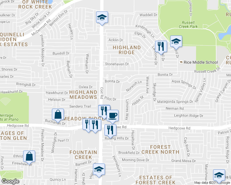 map of restaurants, bars, coffee shops, grocery stores, and more near 8212 Bartley Circle in Plano