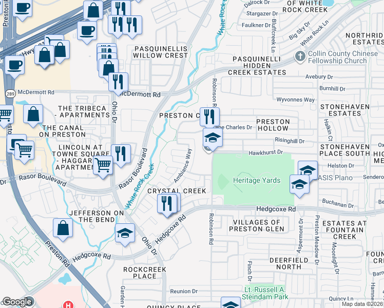 map of restaurants, bars, coffee shops, grocery stores, and more near 8124 Ambiance Way in Plano