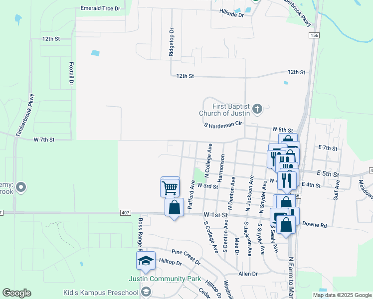 map of restaurants, bars, coffee shops, grocery stores, and more near 520 Leuty Avenue in Justin