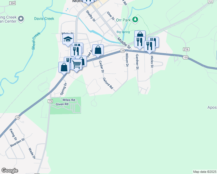 map of restaurants, bars, coffee shops, grocery stores, and more near 171 Oxford Road in Montevallo