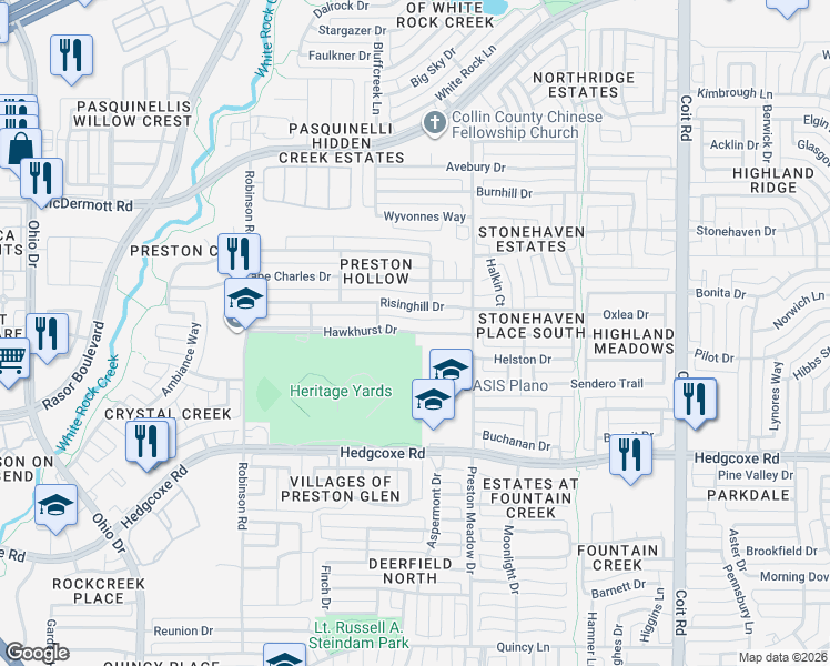 map of restaurants, bars, coffee shops, grocery stores, and more near 4518 Hawkhurst Drive in Plano