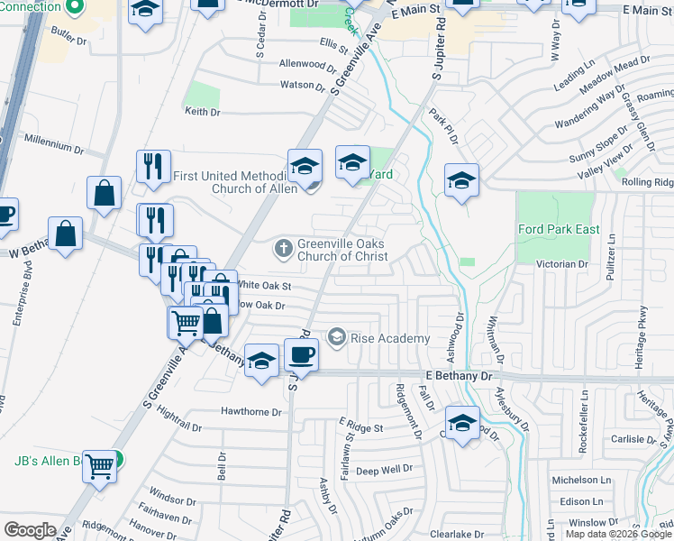 map of restaurants, bars, coffee shops, grocery stores, and more near 601 Rockcrossing Lane in Allen