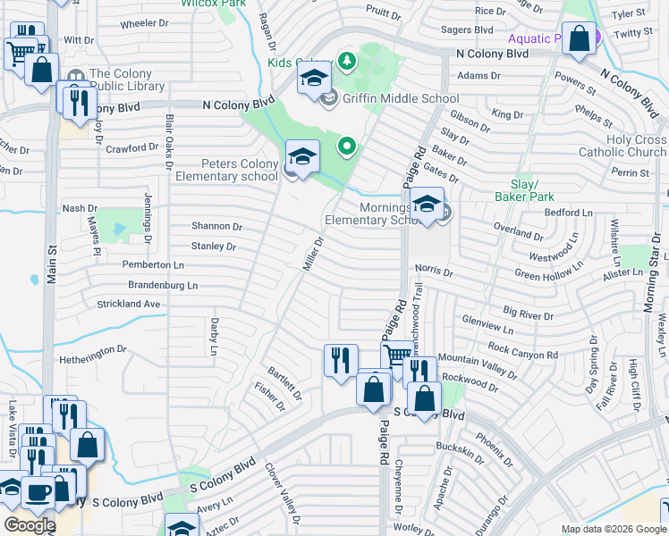 map of restaurants, bars, coffee shops, grocery stores, and more near 5220 Norris Drive in The Colony