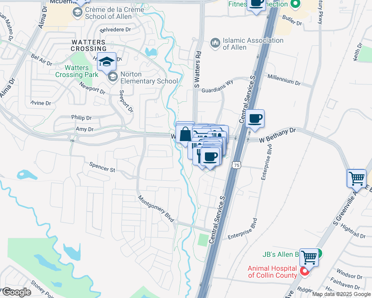 map of restaurants, bars, coffee shops, grocery stores, and more near 981 Garden Park Drive in Allen