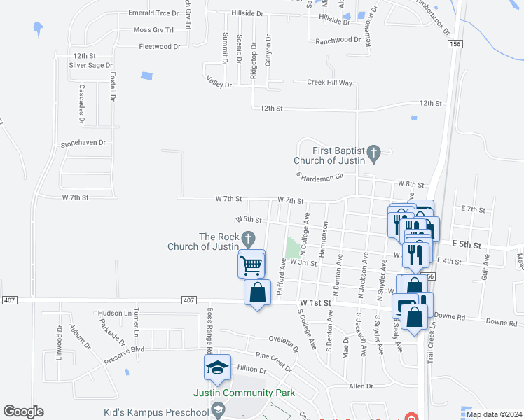 map of restaurants, bars, coffee shops, grocery stores, and more near 520 Leuty Avenue in Justin