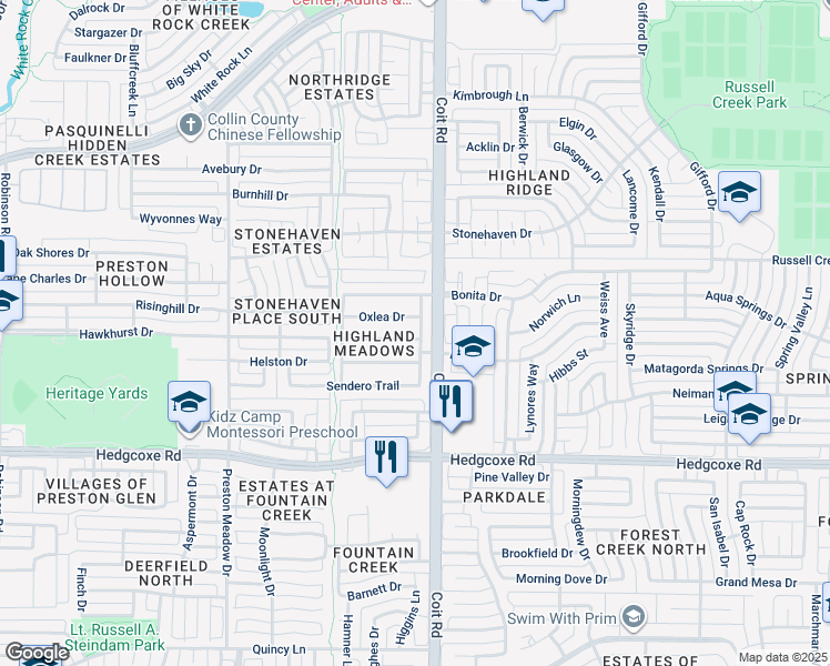 map of restaurants, bars, coffee shops, grocery stores, and more near 4009 Guthrie Drive in Plano