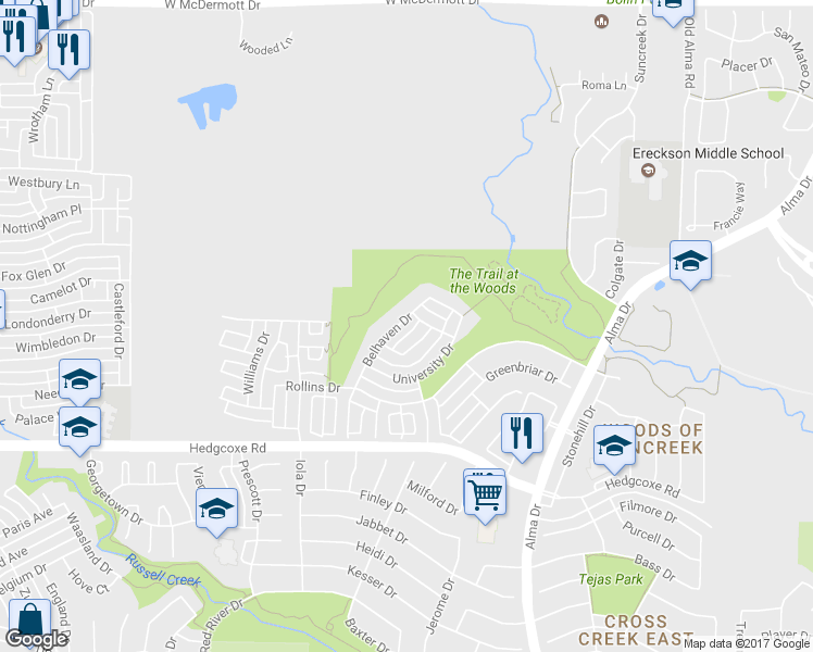 map of restaurants, bars, coffee shops, grocery stores, and more near 611 Belhaven Drive in Allen