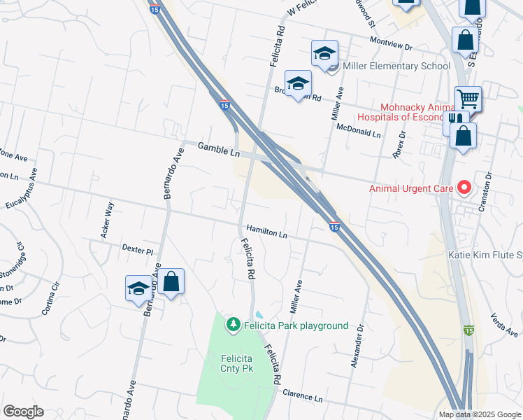 map of restaurants, bars, coffee shops, grocery stores, and more near 831 Monticello Drive in Escondido