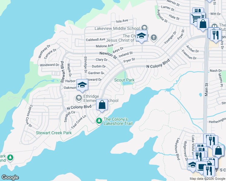 map of restaurants, bars, coffee shops, grocery stores, and more near 8 James Circle in The Colony