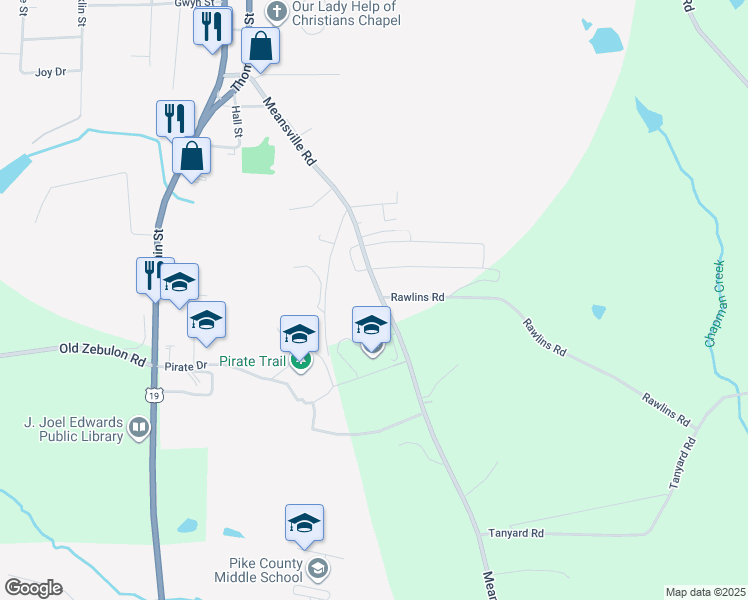 map of restaurants, bars, coffee shops, grocery stores, and more near 654 Meansville Road in Zebulon