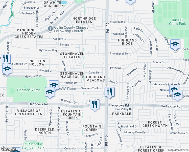 map of restaurants, bars, coffee shops, grocery stores, and more near 4037 Guthrie Drive in Plano