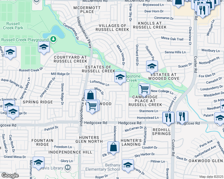 map of restaurants, bars, coffee shops, grocery stores, and more near 2513 Plentywood Drive in Plano