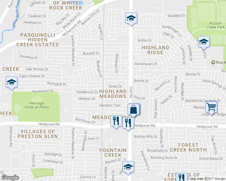 map of restaurants, bars, coffee shops, grocery stores, and more near 4037 Guthrie Drive in Plano
