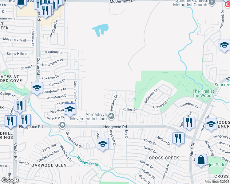 map of restaurants, bars, coffee shops, grocery stores, and more near 600 Williams Drive in Allen