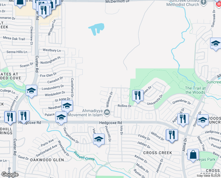 map of restaurants, bars, coffee shops, grocery stores, and more near 600 Williams Dr in Allen