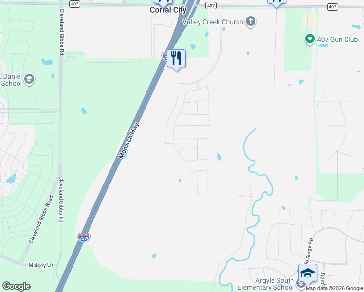 map of restaurants, bars, coffee shops, grocery stores, and more near Interstate 35W in Flower Mound