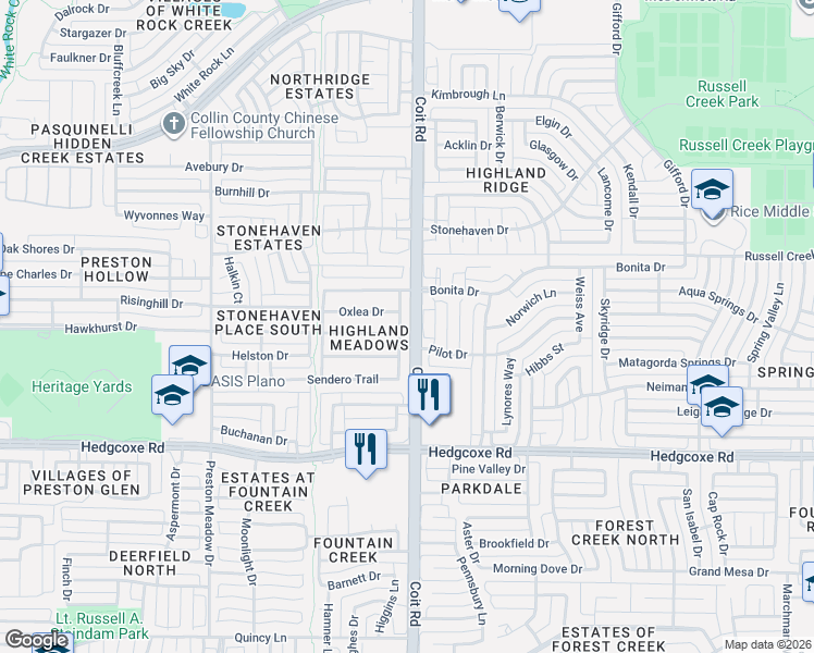map of restaurants, bars, coffee shops, grocery stores, and more near 8212 Tavaros Drive in Plano
