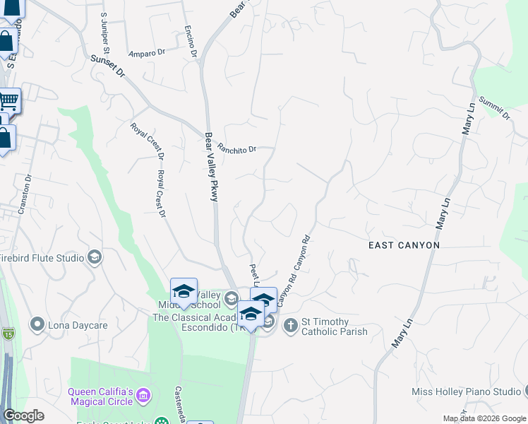 map of restaurants, bars, coffee shops, grocery stores, and more near 2530 Peet Lane in Escondido