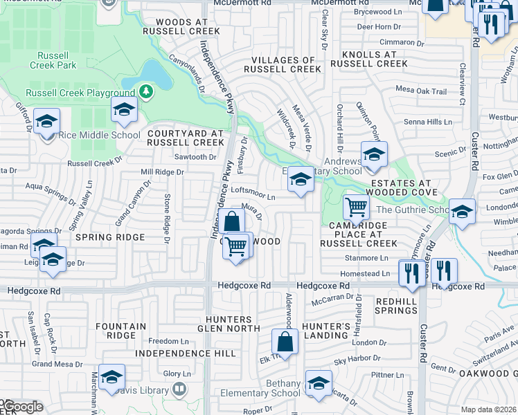 map of restaurants, bars, coffee shops, grocery stores, and more near 8228 Mura Drive in Plano