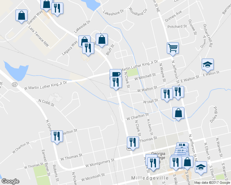 map of restaurants, bars, coffee shops, grocery stores, and more near 812 N Columbia St in Milledgeville