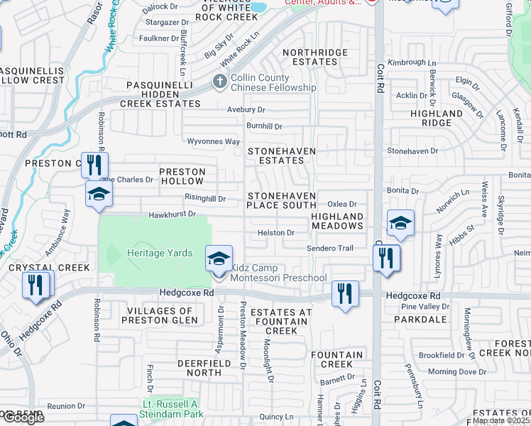 map of restaurants, bars, coffee shops, grocery stores, and more near 4409 Hawkhurst Drive in Plano