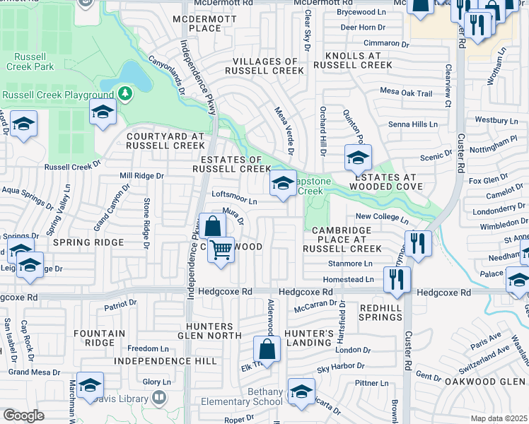 map of restaurants, bars, coffee shops, grocery stores, and more near 2513 Plentywood Drive in Plano