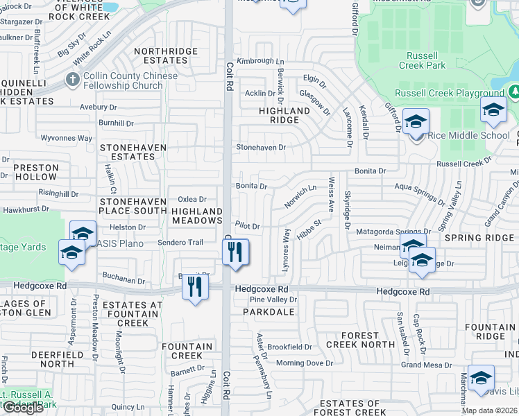 map of restaurants, bars, coffee shops, grocery stores, and more near 8212 Bartley Circle in Plano