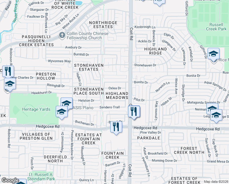 map of restaurants, bars, coffee shops, grocery stores, and more near 4037 Guthrie Drive in Plano