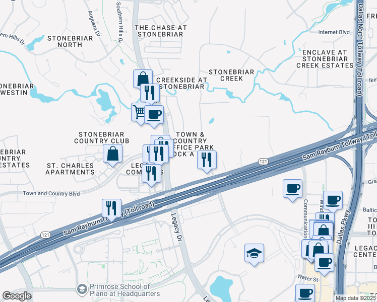 map of restaurants, bars, coffee shops, grocery stores, and more near 5800 Town and Country Boulevard in Frisco