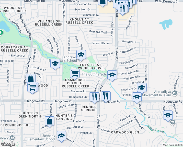 map of restaurants, bars, coffee shops, grocery stores, and more near 2229 New College Lane in Plano