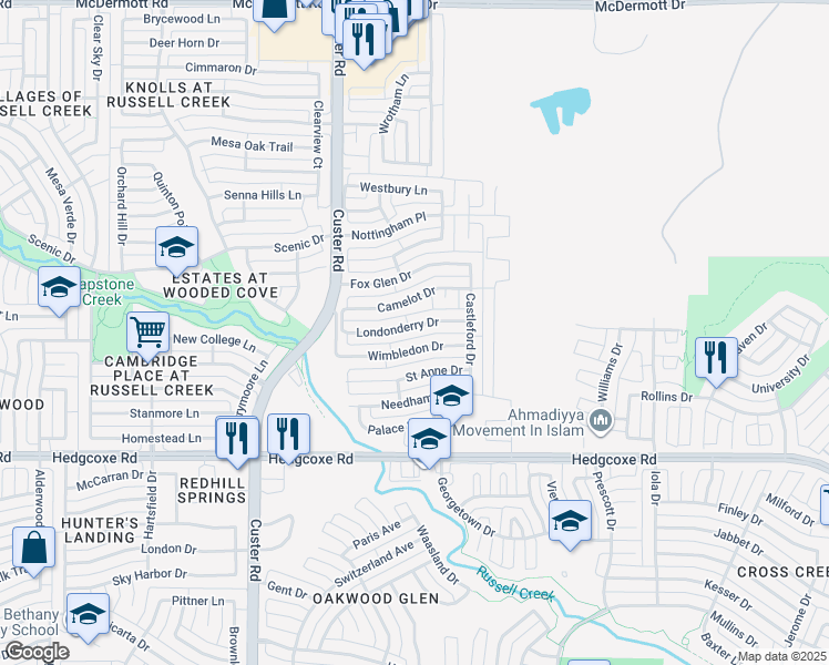 map of restaurants, bars, coffee shops, grocery stores, and more near 2025 Londonderry Drive in Allen