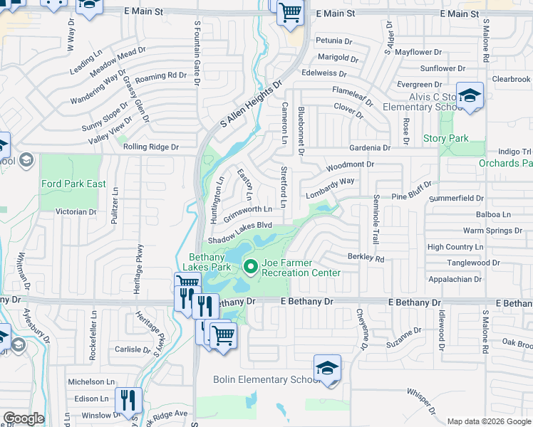 map of restaurants, bars, coffee shops, grocery stores, and more near 1208 Grimsworth Lane in Allen