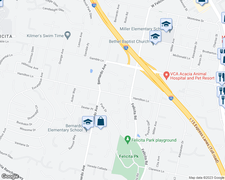 map of restaurants, bars, coffee shops, grocery stores, and more near 2336 Rancho Diego Court in Escondido