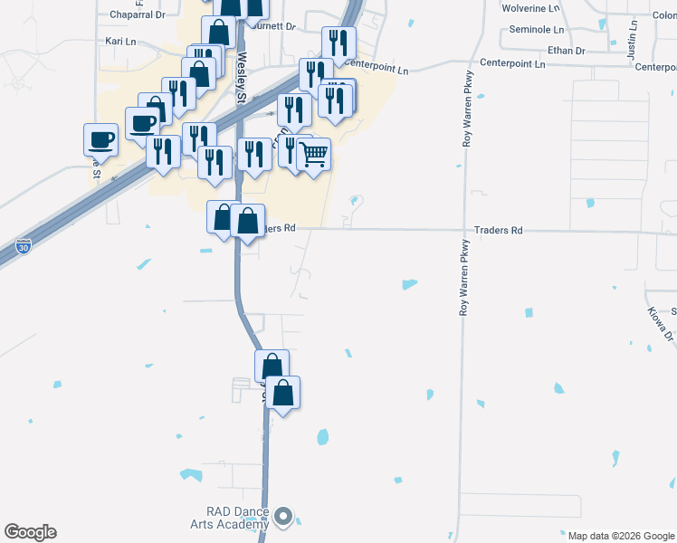 map of restaurants, bars, coffee shops, grocery stores, and more near 2301 Traders Road in Greenville