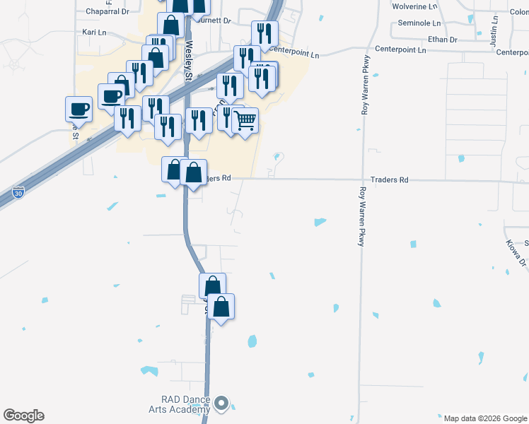 map of restaurants, bars, coffee shops, grocery stores, and more near 2301 Traders Road in Greenville