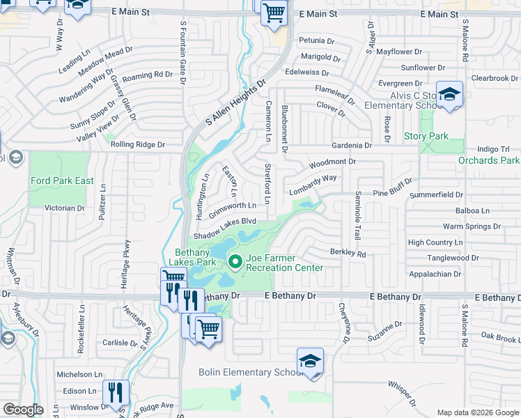map of restaurants, bars, coffee shops, grocery stores, and more near 1208 Grimsworth Lane in Allen