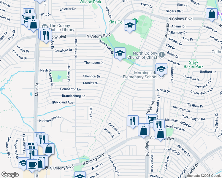 map of restaurants, bars, coffee shops, grocery stores, and more near 5116 Stanley Drive in The Colony