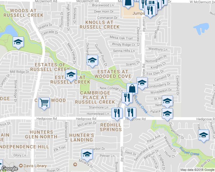 map of restaurants, bars, coffee shops, grocery stores, and more near 2237 New College Lane in Plano