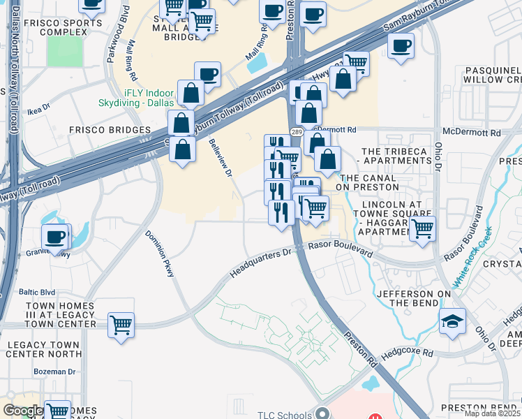 map of restaurants, bars, coffee shops, grocery stores, and more near 5340 Towne Square Drive in Plano