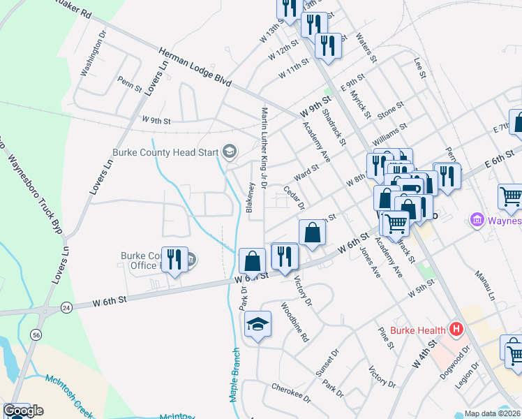 map of restaurants, bars, coffee shops, grocery stores, and more near 829 Martin Luther King Junior Drive in Waynesboro