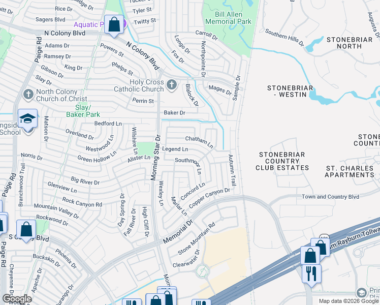 map of restaurants, bars, coffee shops, grocery stores, and more near 5836 Southmoor Lane in The Colony